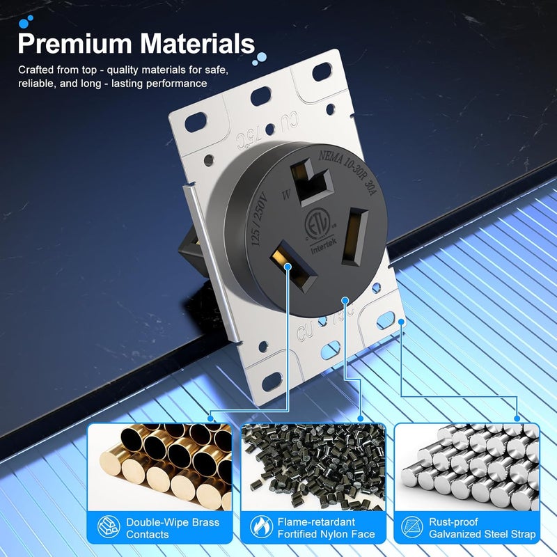 HYDUUU مخرج مجفف 30A NEMA 10-30R مقبس 250V 3 دبابيس مثبت على السطح موصل جانبي من الدرجة الصناعية لمغسلة EV وسخان حائط ومسطح تخطيط مدرج ETL - Image 3